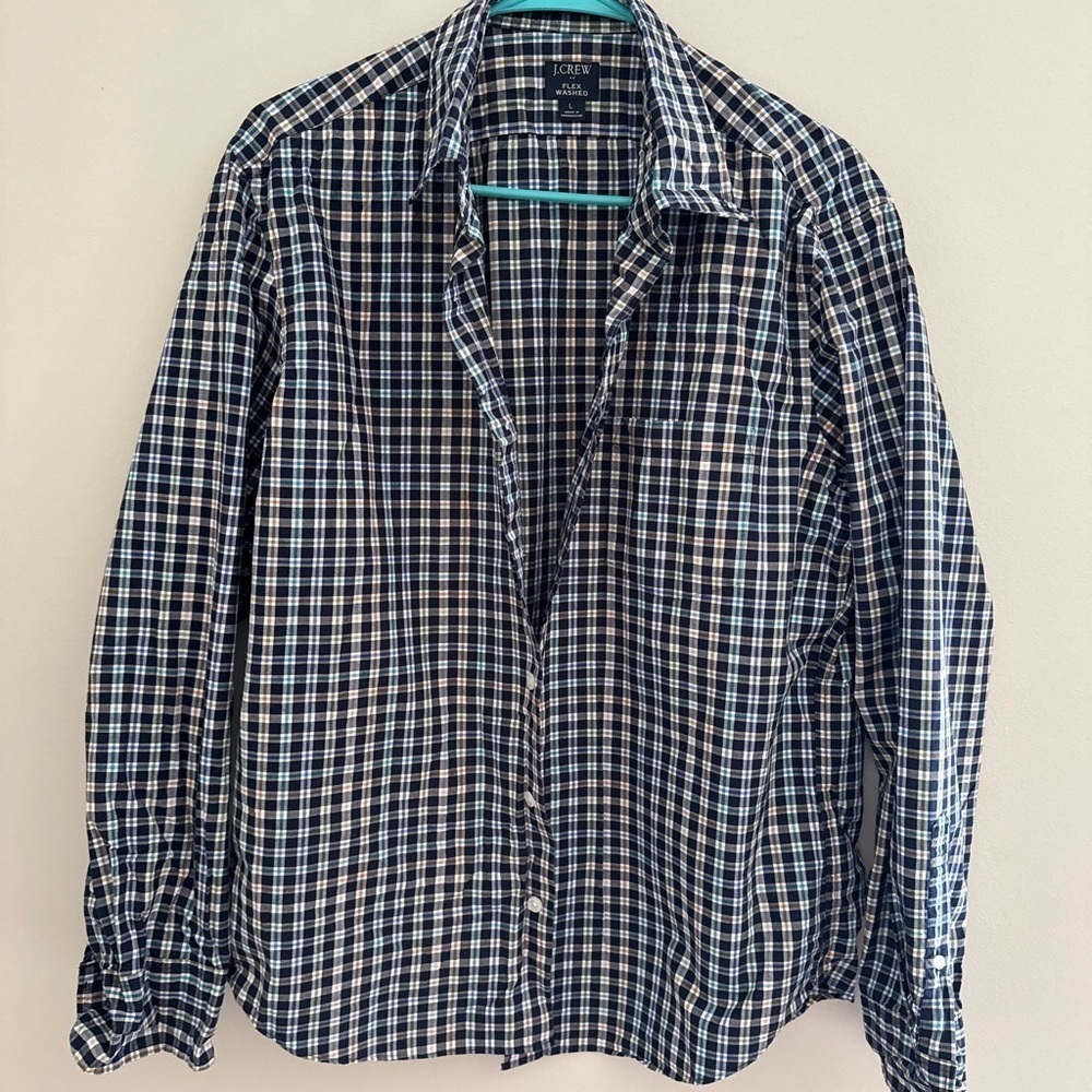 J.Crew Classic Flex Washed Button Shirt Blue Tan Check L Classic Preppy